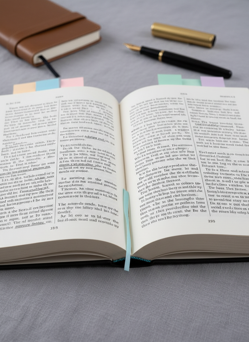 A close-up of an open book lying flat on a cool gray linen surface, several pastel sticky tabs protruding from the edges like a careful reader’s roadmap. Sentences and passages are underlined in precise, dark ink, with tidy marginal notes framing the printed text. In the background, slightly out of focus, a slim notebook and a fountain pen rest parallel to the book’s spine. Diffused overcast light from above creates even illumination, emphasizing the paper texture and ink contrast without harsh shadows. Captured from a slightly elevated angle with a shallow depth of field, the composition centers the annotated pages. The mood is thoughtful and rigorous, reflecting deep literary analysis in a clean, photographic style.