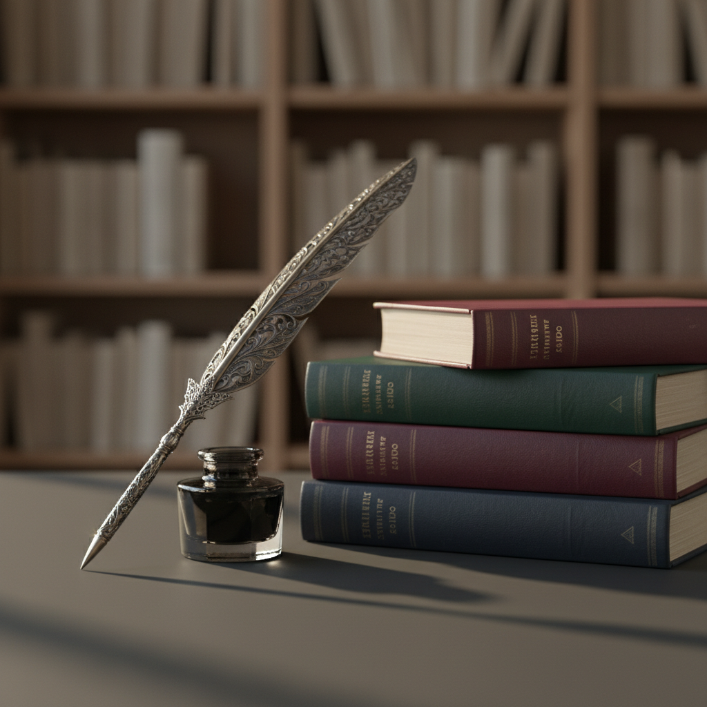 An elegant still life of a vintage-style inkwell made of dark glass and a finely detailed metal quill pen, positioned beside a stack of classic novels with clothbound covers in burgundy, forest green, and navy. The stack is aligned carefully on a matte charcoal surface, with one book slightly offset to break the symmetry. Behind them, a blurred backdrop of vertical bookshelves fades into soft, neutral tones. Golden hour light enters from the left, catching tiny highlights on the quill’s metal filigree and the inkwell’s facets, casting elongated shadows that add depth. Photographed at a low, three-quarter angle with moderate depth of field, the composition feels contemplative and refined. The mood is scholarly and introspective, in a realistic, professional photographic style that embodies "The Critical Quill."
