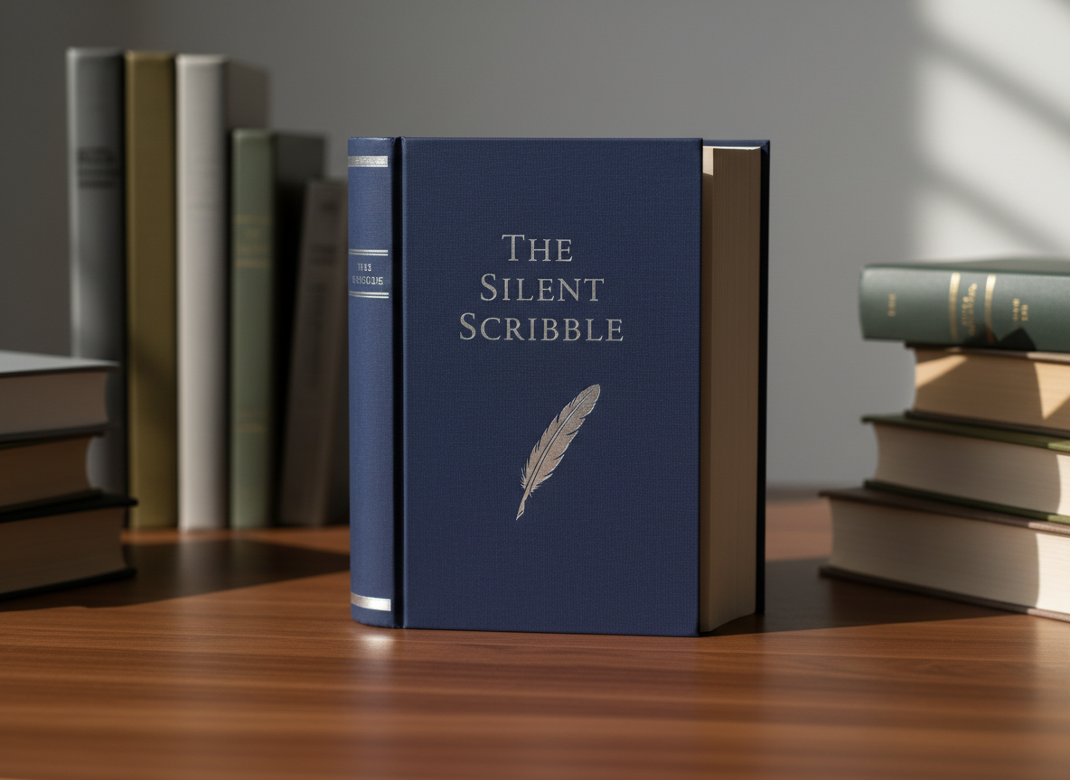 A hardcover literary novel with a deep indigo dust jacket, subtle silver foil title, and a single embossed quill on the cover rests open on a walnut desk. Crisp, cream-colored pages are gently fanned, revealing dense, well-set serif text. Around it, neatly stacked books in muted tones form soft geometric shapes. Soft morning light from an unseen window grazes the scene, creating delicate highlights on the foil and long, gentle shadows across the wood grain. Shot at eye level with a shallow depth of field, the book’s spine and quill are in razor-sharp focus while the background melts into a calm blur. The mood is analytical yet inviting, with clean, photographic realism and a minimalist, professional aesthetic.